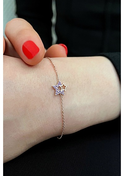 925 Ayar Gümüş Mor Taşlı Rose Yıldız Bileklik - 45100701 Rose Gold