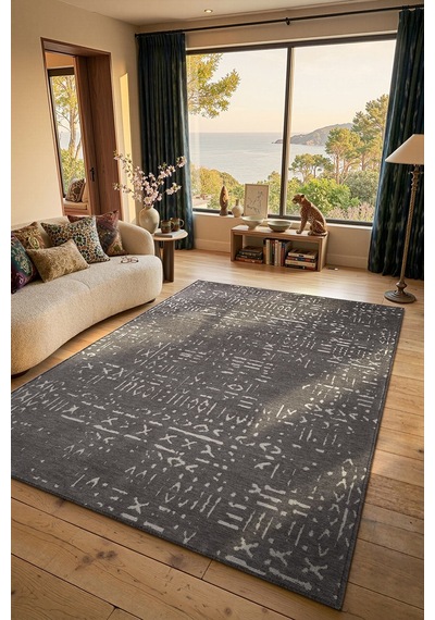 Mikasa Mks01z Antrasit Dekoratif Şönil Kilim İskandinav Desen Yıkanabilir Yumuşak Kaymaz Taban Halı