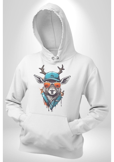 Güneş Gözlüğü Savaşcı Geyik Kadın Erkek Beyaz Kapüşonlu Sweatshirt Hoodie Beyaz