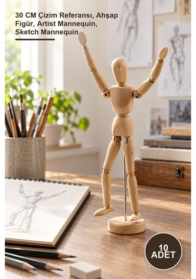 10 Adet Ahşap Eskiz Manken 30 Cm Çizim Referansı, Ahşap Figür, Artist Mannequin, Sketch Mannequin