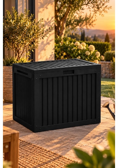 Porsima 161001-010 130lt Kilitli Organizer Kapaklı Bahçe Balkon Kiler Sandığı Çok Amaçlı Depolama Sandığı Siyah Siyah