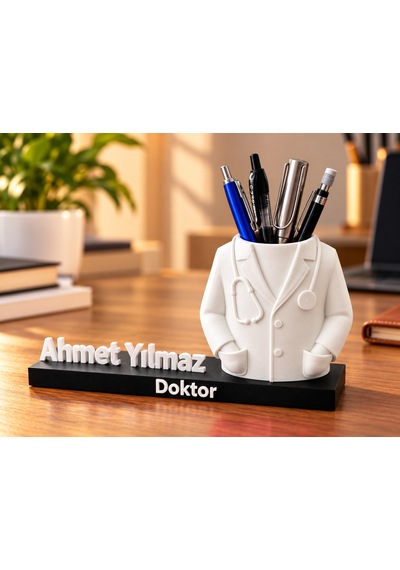 Kişiye Özel Erkek Doktor Kalemlik 3d Baskı İsimli Ünvanlı Masaüstü Organizer Hediye Beyaz