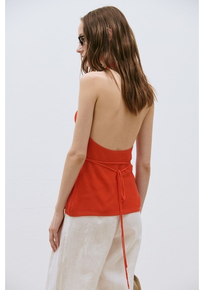 Suud Collection Turuncu Estel Halter Dökümlü Triko Bluz