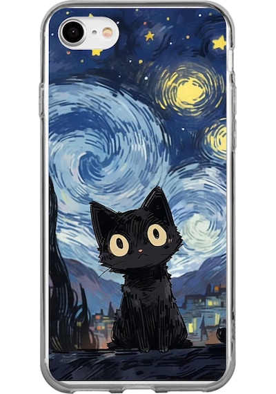 Apple Uyumlu iPhone 7/8/se 2020 2022 Gece Yarısı Kedi Tasarımlı Baskılı Silikon Kılıf Renkli
