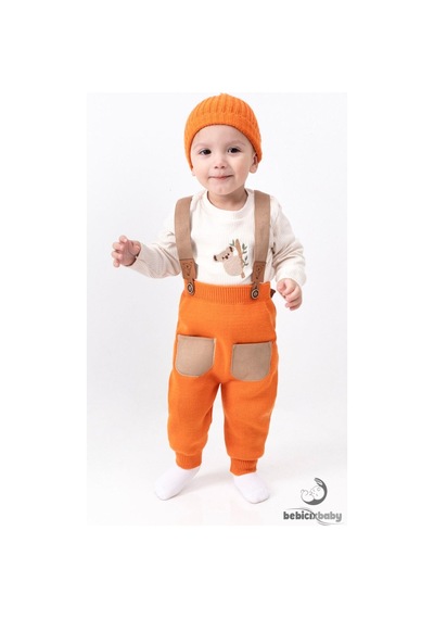 Tiwitibaby Triko Çapraz Askılı Salopet Koala Figürlü Esnek Kaşkorse Badi Bereli Unisex Bebek Takım Turuncu