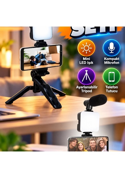 Video Making Kit Mini Led Işıklı Telefon Tutucu Vlog Çekim Seti