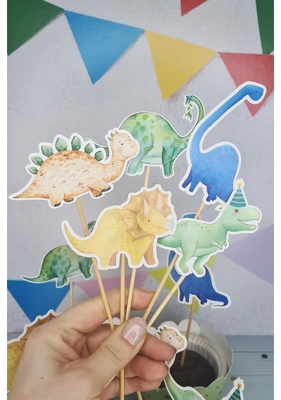 Dinozor Konsept Kürdan Süsleri Cupcake Süsleri Lüks Büyük Boy 10lu Paket 3+ Yaş