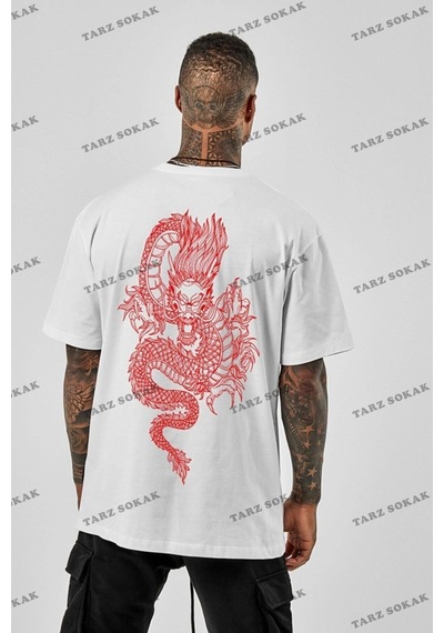 Startmore Unisex Oversize Dragon Baskılı Beyaz Beyaz