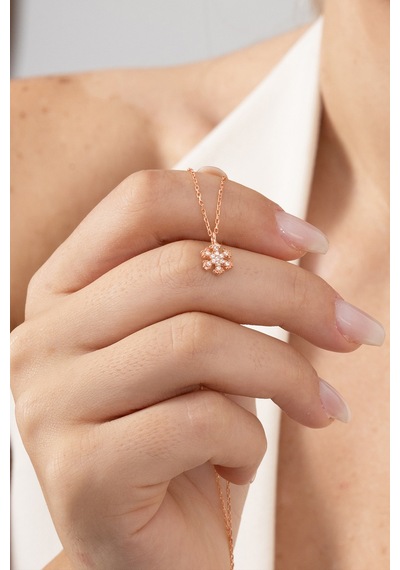 925 Ayar Gümüş Kolye Rose Zirkon Taşlı Kar Tanesi Kolye Barcode Rose Gold