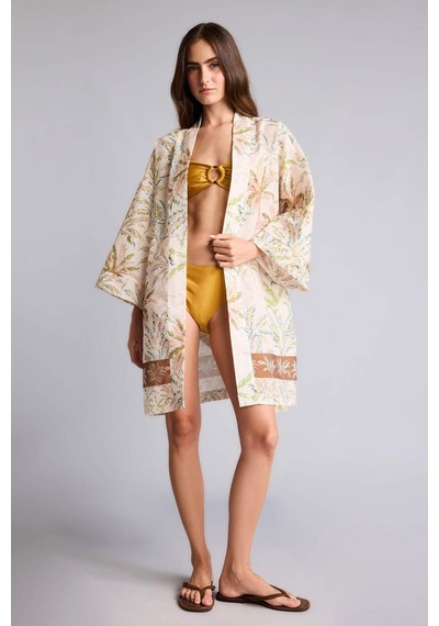 Defacto Regular Fıt Desenli Kuşaklı Kimono D0453ax26sper103 Ekru-er103