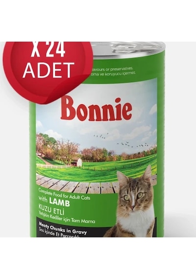 Bonnie Kuzu Etli Sos İçinde Et Parçacıklı Kedi Konservesi 400g x 24 Adet