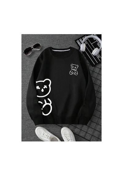 Tarzsokak Ayıcık Baskılı Üç İplik Kalın Bisiklet Yaka Unisex Oversize Sweatshirt Siyah