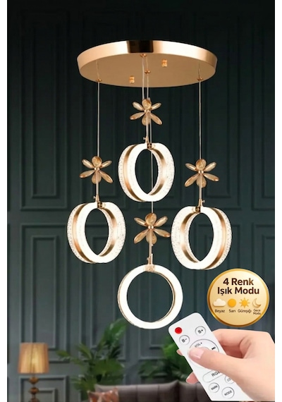 LumiaLighting Aurea Model 4'lü Gold Kumandalı 3 Renk Modu Ledli Kristal Taşlı Modern Salon Mutfak Oturma Odası Led Avize