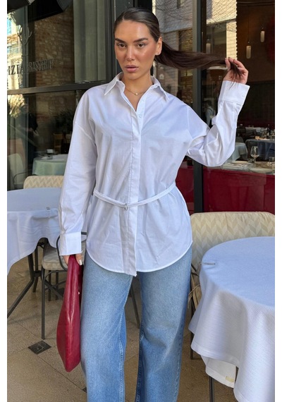 Seeh Beyaz Kemer Detaylı Oversize Kadın Gömlek Sh366 Basic
