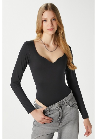 Ritnice Kadın Rich Kalp Yaka Polyamid Siyah Çıtçıtlı Body / Bluz Siyah