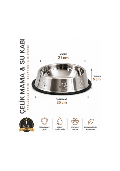 Köpekler İçin Pati Desenli Çelik Mama Su Kabı 25 Cm - 32 Oz - 1 Lt