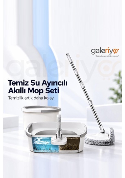 Galeriyo Temiz Su Ayırıcılı 360 Akıllı Mop Seti Çift Hazneli Mikrofiber Döner Mop