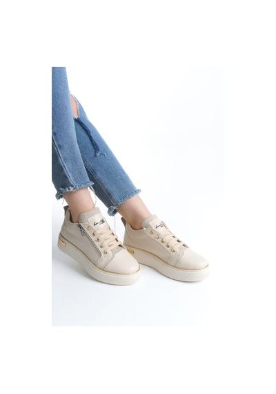 Dına Bağcıklı Fermuarlı Ortopedik Taban Kadın Sneaker Spor Ayakkabı Ckt - Krem/altın Krem