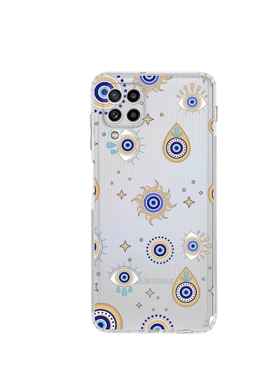 Samsung Galaxy M32 İle Uyumlu Nazar Boncuğu 5 Kamera Korumalı Şeffaf Silikon Kılıf Şeffaf