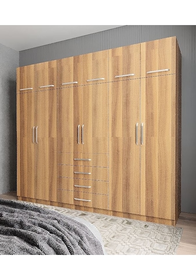 Biray 6 Kapaklı Gardırop Dolap Ceviz 240 Cm Montaj Dahil