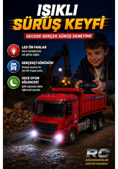 Şarjlı Uzaktan Kumandalı Rc Damperli Kamyon Büyük Boy Işıklı İnşaat Oyuncağı