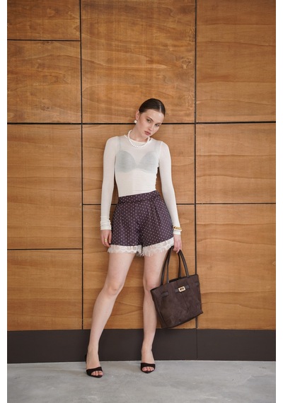 Verymoda Dantel Detaylı Puanttiyeli Saten Şort D2960 Kahve
