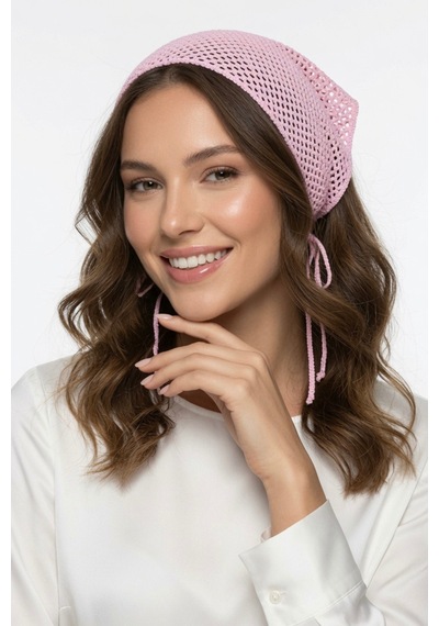 Yazlık File Üçgen Pembe Bandana Örgü Saç Bandı Bohem Aksesuar Pembe