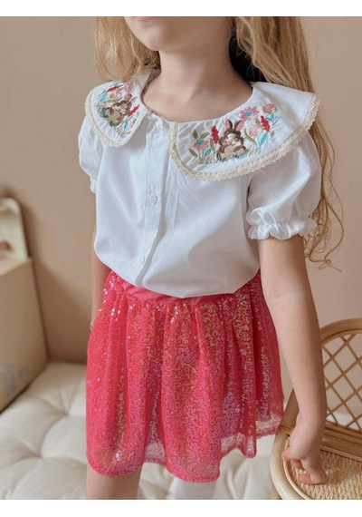 Miniko Kids Kız Çocuk Kısa Kol Gömlekli Pullu Etekli Bayramlık Takım Pembe