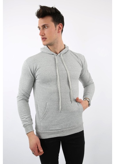 Modish İki İplik Kapşonlu Kanguru Cepli Erkek Günlük Sweatshirt Gri