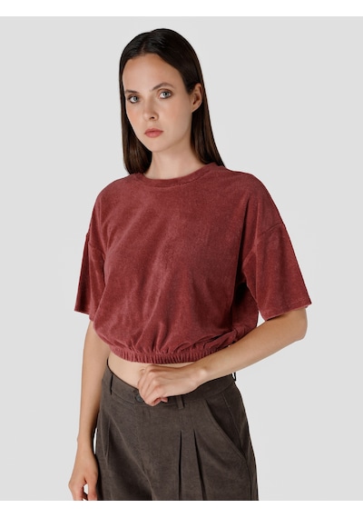 Colin's Colins Bisiklet Yaka Belden Lastikli Crop Kırmızı Kadın Kısa Kol Tişört Cl1065174 Cherry Kırmızı