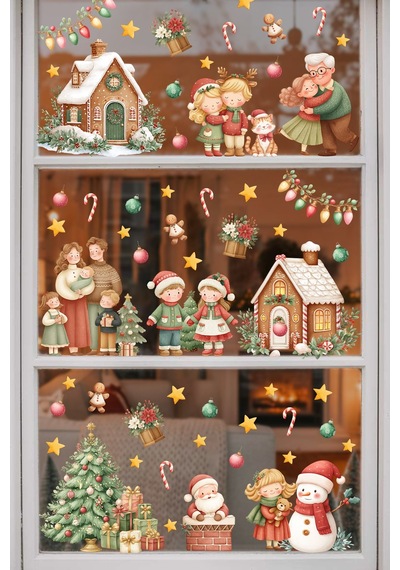 Yeni Yıl Cam Sticker Seti Büyük Boy Aile & Noel Evi Temalı 80+ Parça Çift Taraflı Pencere Süsü Dijital Baskı