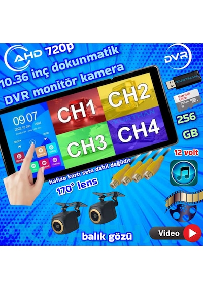 2 Adet 720p Ahd 170'' Kamera Dokunmatik 10.36'' Video Müzik Dvr Ekran Seti 12 V
