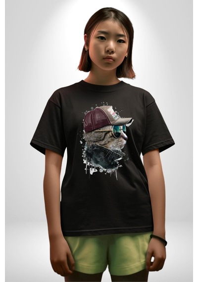 Pilot Çeketli Deri Şapkalı Cool Kedi Pamuklu Bisiklet Yaka Unisex Oversize Boyfriend Dijital Baskılı Siyah T-shirt Siyah Pilot Çeketli Deri Şapkalı Cool Kedi Pamuklu Bisiklet Yaka Unisex Oversize Boyfriend Dijital Baskılı Siyah T-shirt Siyah
