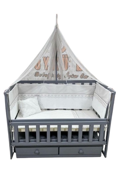 Öykü Bebek Diyari Çekmeceli Anne Yani Asansörlü Tekerlekli Cibinlikli Beşik Full Set Gri
