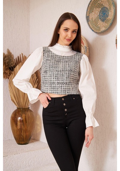 Darlin Moda Gri Tüvit Detaylı Uzun Kollu Bluz Dm9000 Gri
