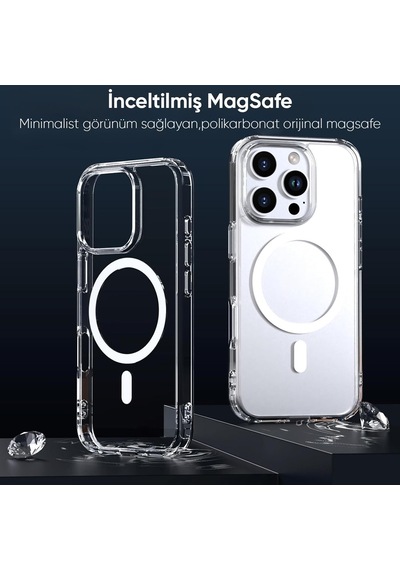 Apple Uyumlu iPhone 16 Pro Kılıf Magsafe Özellikli Şeffaf Silikon Kapak Şeffaf