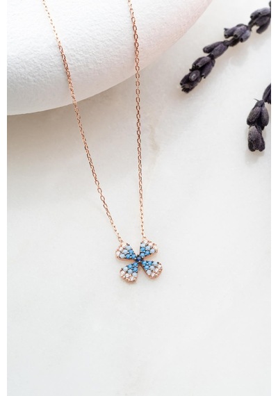 925 Ayar Gümüş Mavi Renk Geçişli Minimal Şans Yonca Kolye Rose Gold