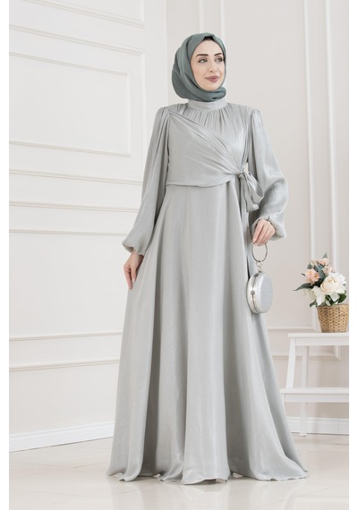 Yan Bağlamalı Simli Tesettür Abiye-mint Yeşili-5670