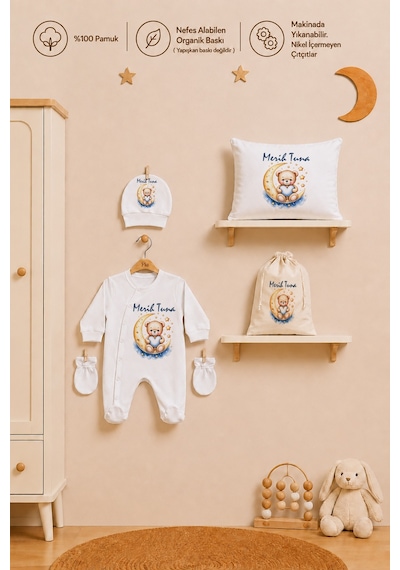 Pia Baby Erkek Bebek %100 Pamuk Hediye Seti 6 Lı İsimli Keseli Tulum Şapka Eldiven Battaniye Ve Yastık Kılıfı 1085tybk0x Krem