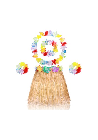 Yetişkin Çocuk Hawaii Parti Seti - 40 Cm Naturel Etek + Çiçek Aksesuarlar 5 Parça Diğer