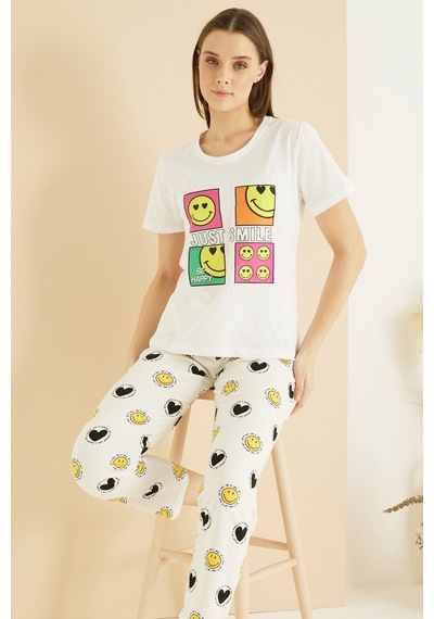 Siyah İnci Pamuklu Bisiklet Yaka Örme Pijama Takım25103234 Ekru