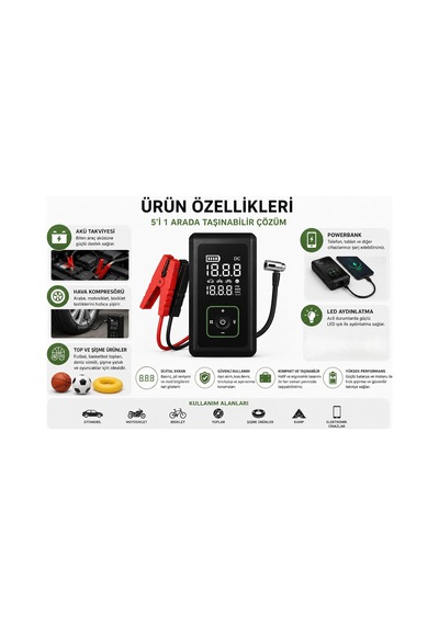 15200 Mah Şarjlı Hava Kompresörü Dijital Göstergeli Lastik Şişirme Pompası Powerbank Akü Takviye El Feneri Type