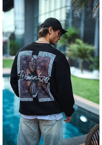 Uzun Kol Bisiklet Yaka Ön Ve Arka Baskılı Sweatshirt - Siyah Siyah