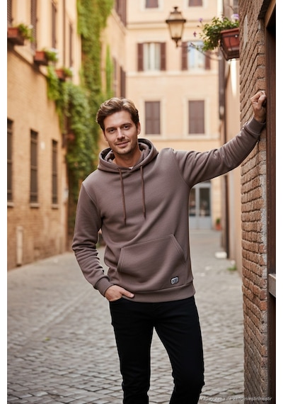 Buratti Regular Fit Kapüşonlu Kanguru Cepli Içi Tüylü Yumuşak Şardonlu Erkek Sweat 5905281 Toprak