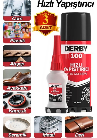 Derby Hızlı Yapıştırıcı Seti 100 Ml 3 Adet Ahşap Ve Plastik Yüzeyler İçin Yüksek Yapıştırma Gücü Düşük Viskozite 100 Ml