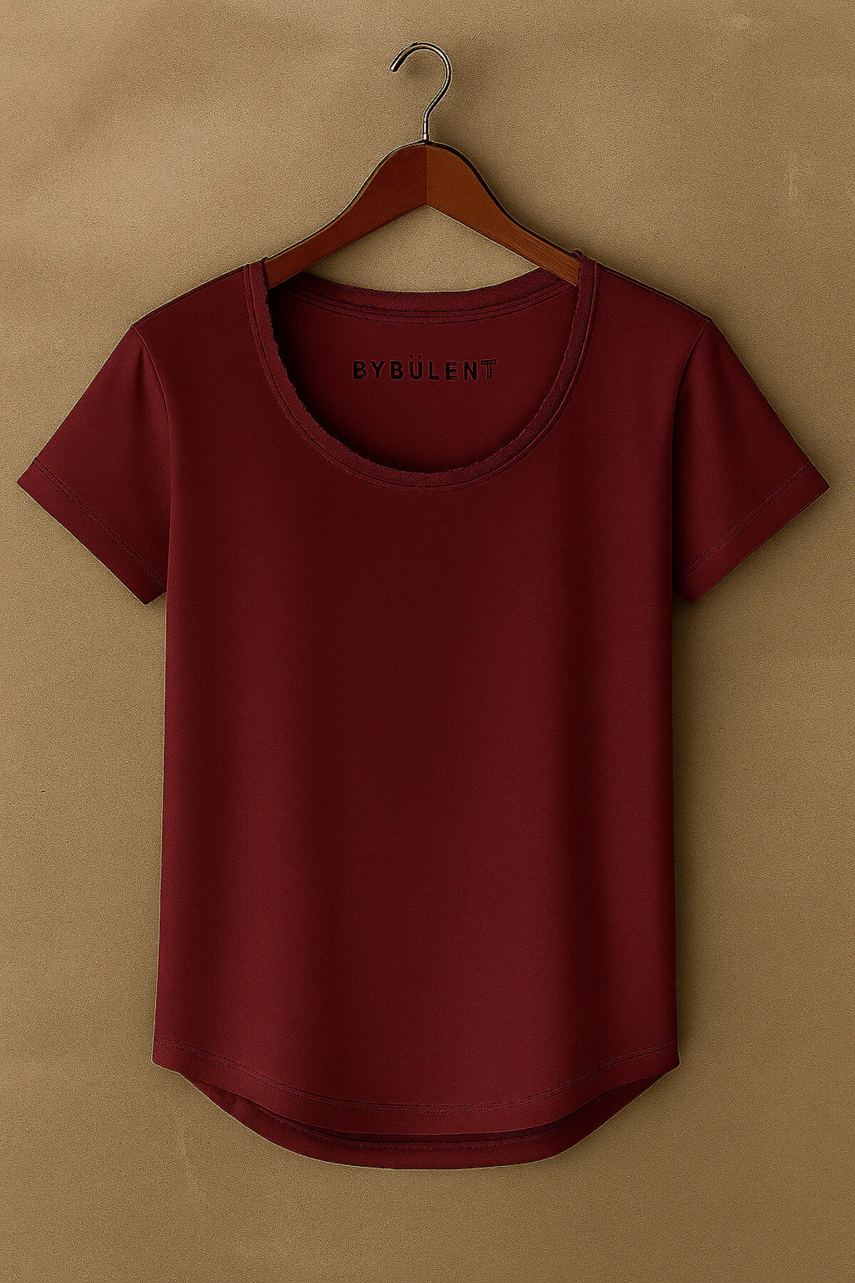 Erkek Bordo Özel Üretim Geniş Yaka Alt Oval Kesim Tişört T-shirt Bordo