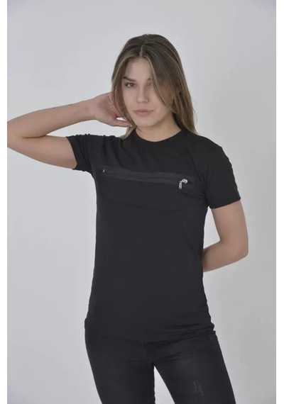 Göğüste Fermuar Aksesuarlı Dar Kalıp T-shirt - Siyah Siyah