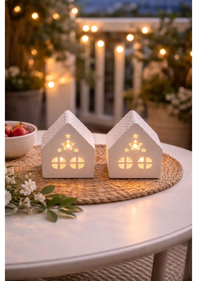 Dekoratif 2 Li Ev Mumluk + 2 Adet Tealight Mum Taş Tozu Ev Dekoru Beyaz