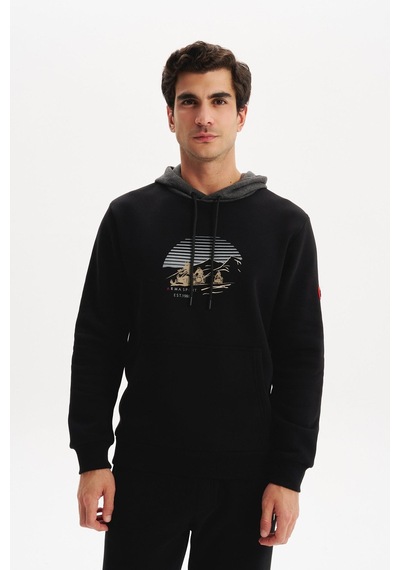 AR-MA Arma Erkek Kapüşonlu Sweatshirt Örme 3 İplik Şardonlu, Yazı Baskılı,cepsiz, Sade Ve Şık, Regular Fit K30254628901 Siyah