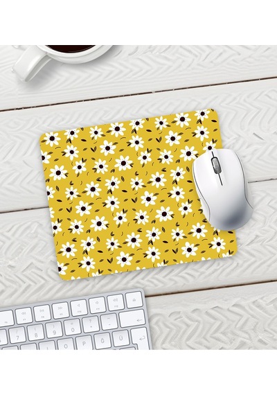 Sarı Renk Papatya Tasarım Baskılı Mouse Pad 23x19cm Fare Altlığı Kaydırmaz Taban Mousepad